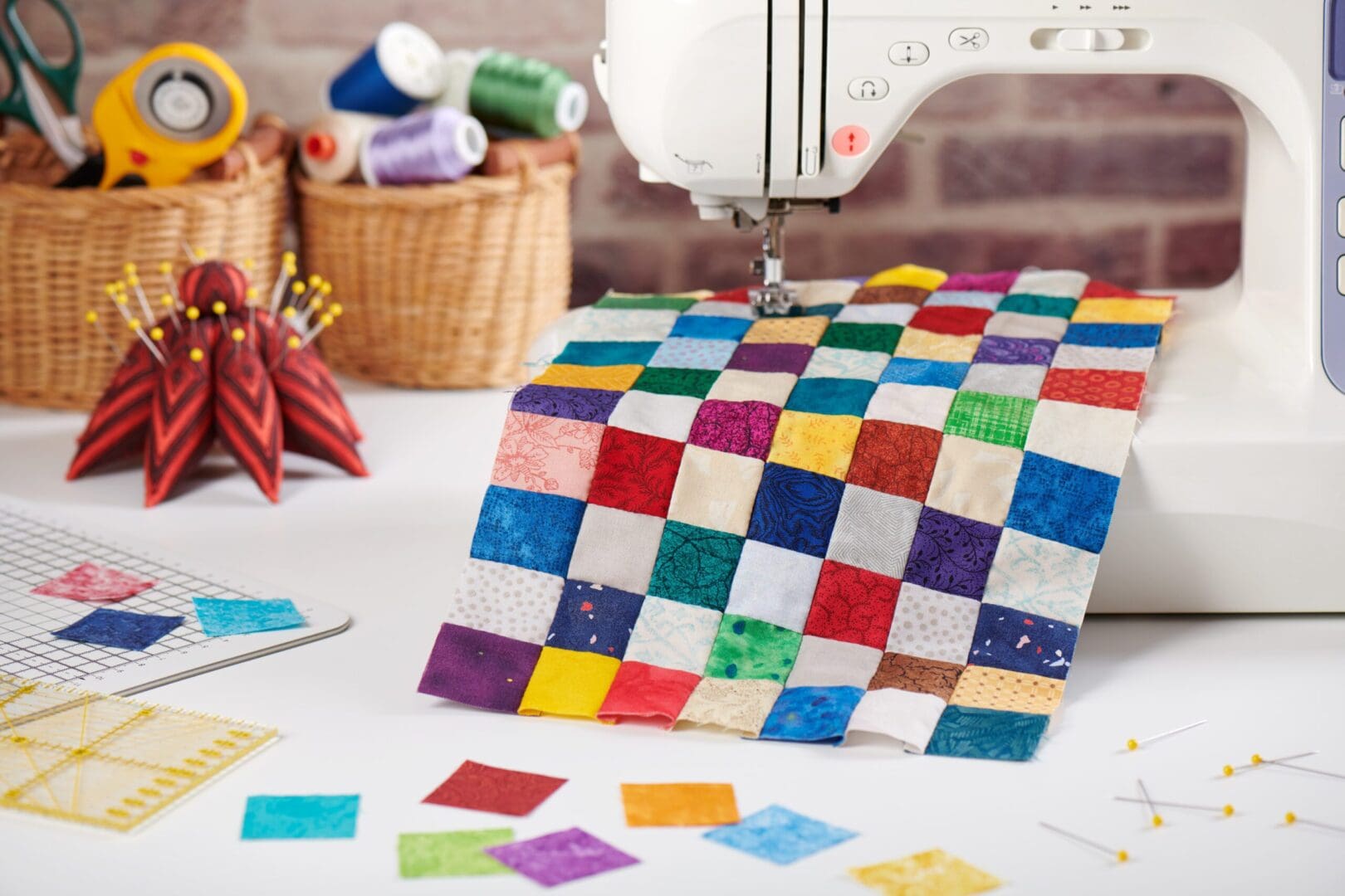 Sewing machine with colorful patchwork quilt.